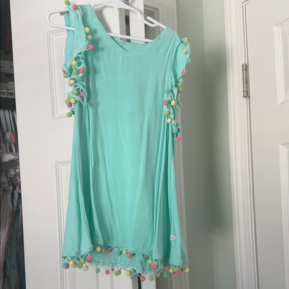 Rufflebutts Aqua Dress with Colorful Pom-Poms